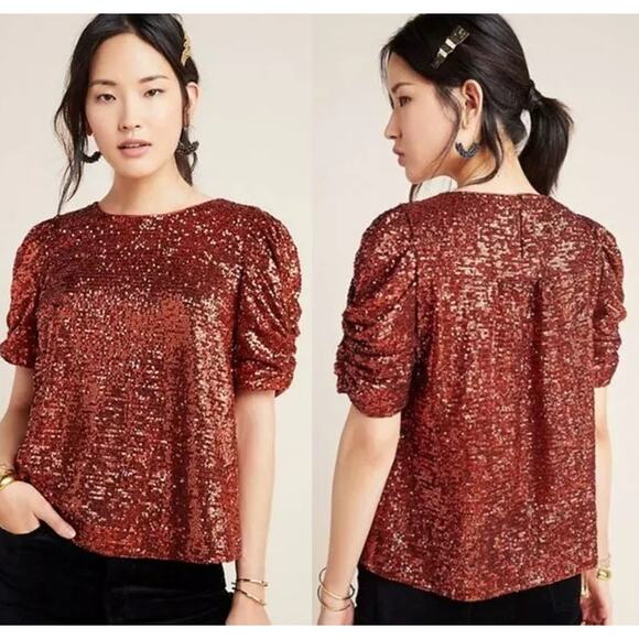 Anthropologie Sequined Puff Sleeve Round Neck Blouse Copper Women's Size US 2 - Picture 1 of 5